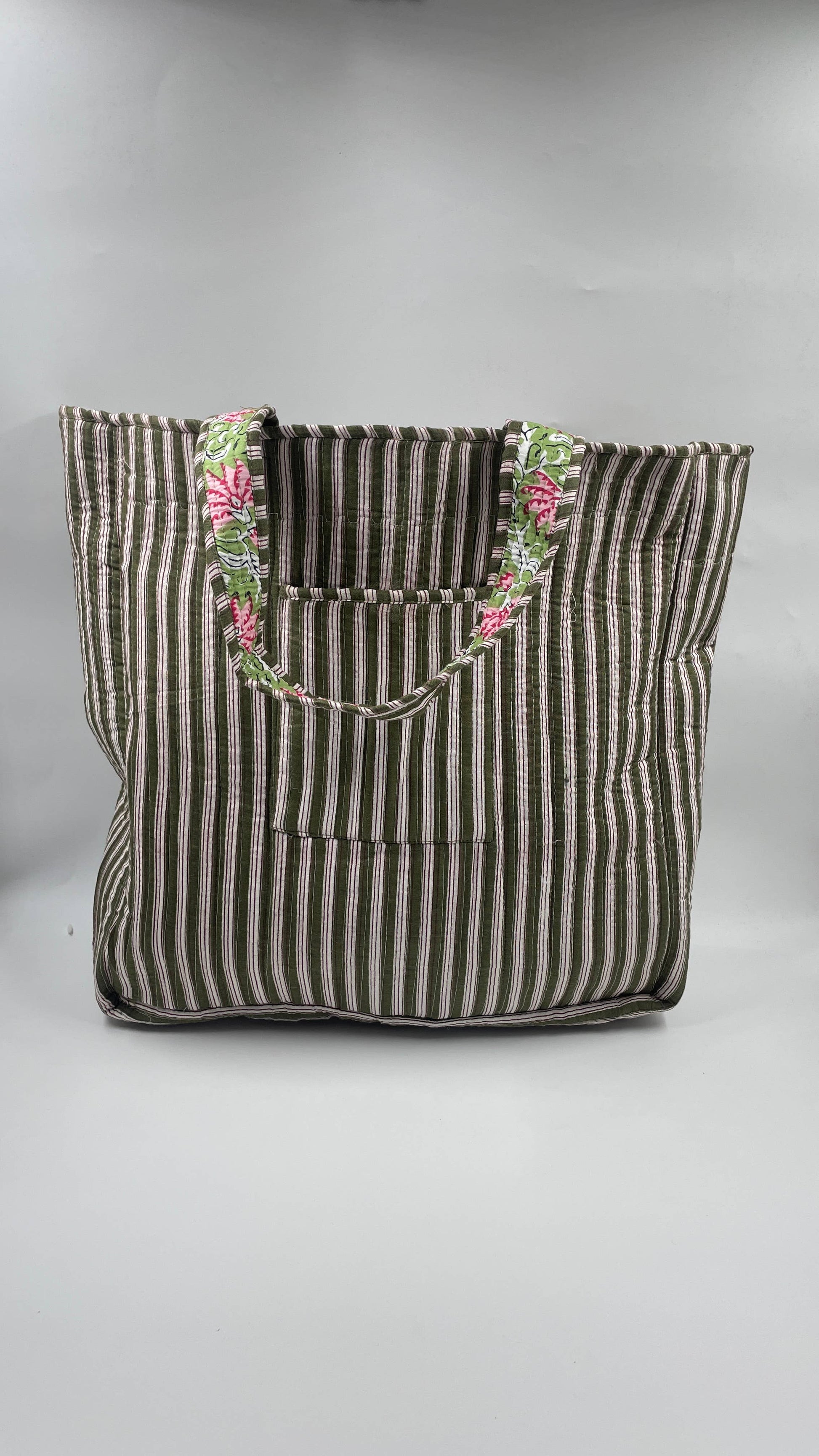 Pink & Green Cotton Kantha Quilted Tote Bag