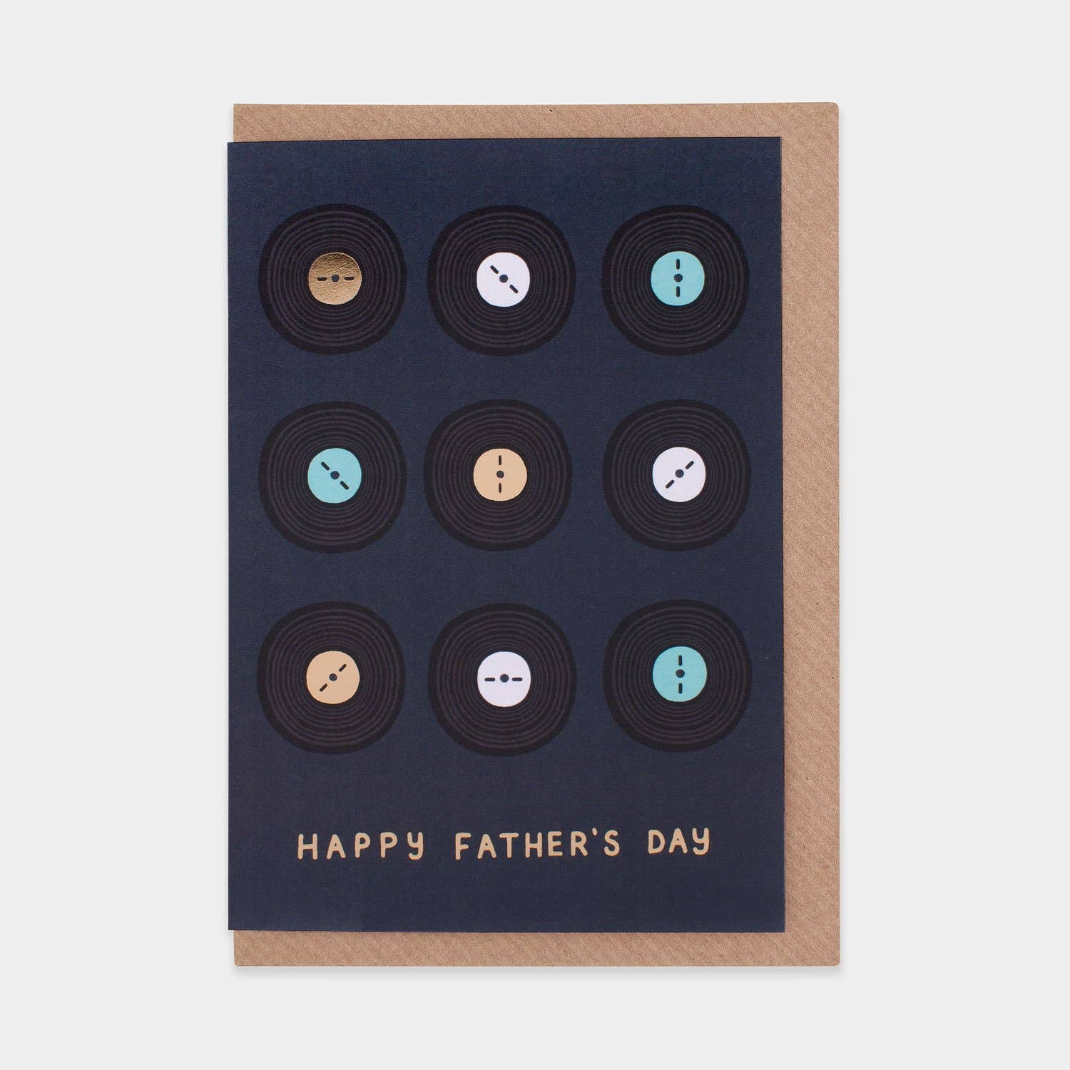 Father's Day card with vinyl record design on a blue background