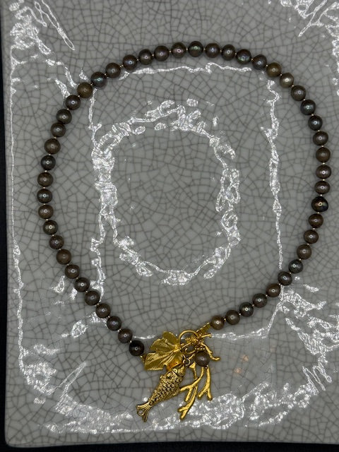 Small Grey Pearls with Golden Fish Charm Necklace