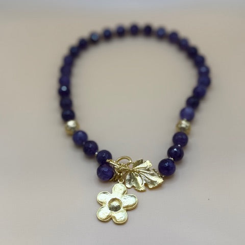 Amethyst, Gold leaf & Flower Necklace