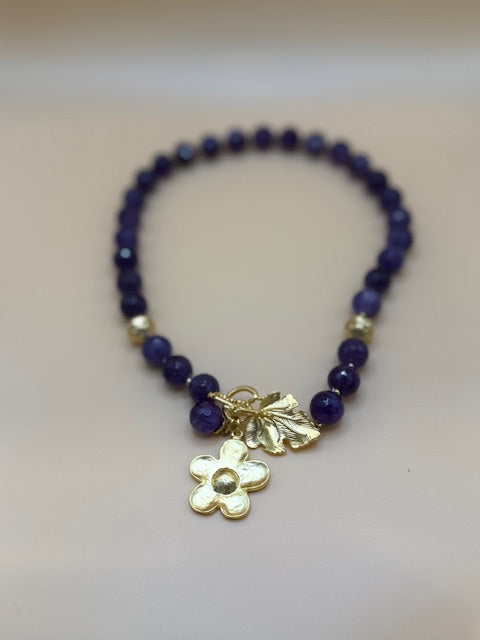 Amethyst, Gold leaf & Flower Necklace