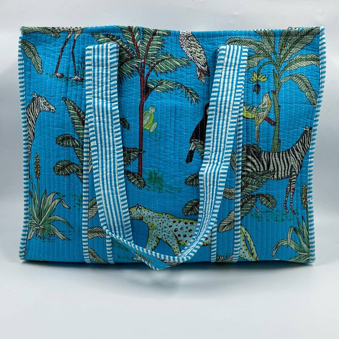 Aqua, Jungle Design Kantha Quilted Tote Bag