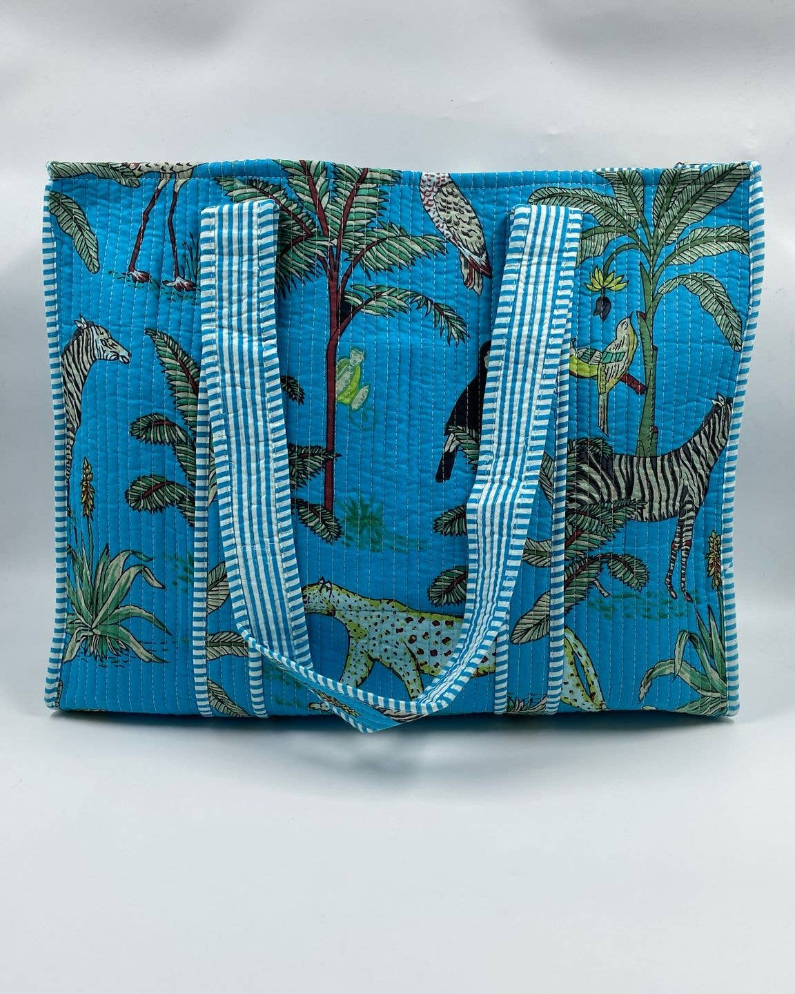 Aqua, Jungle Design Kantha Quilted Tote Bag