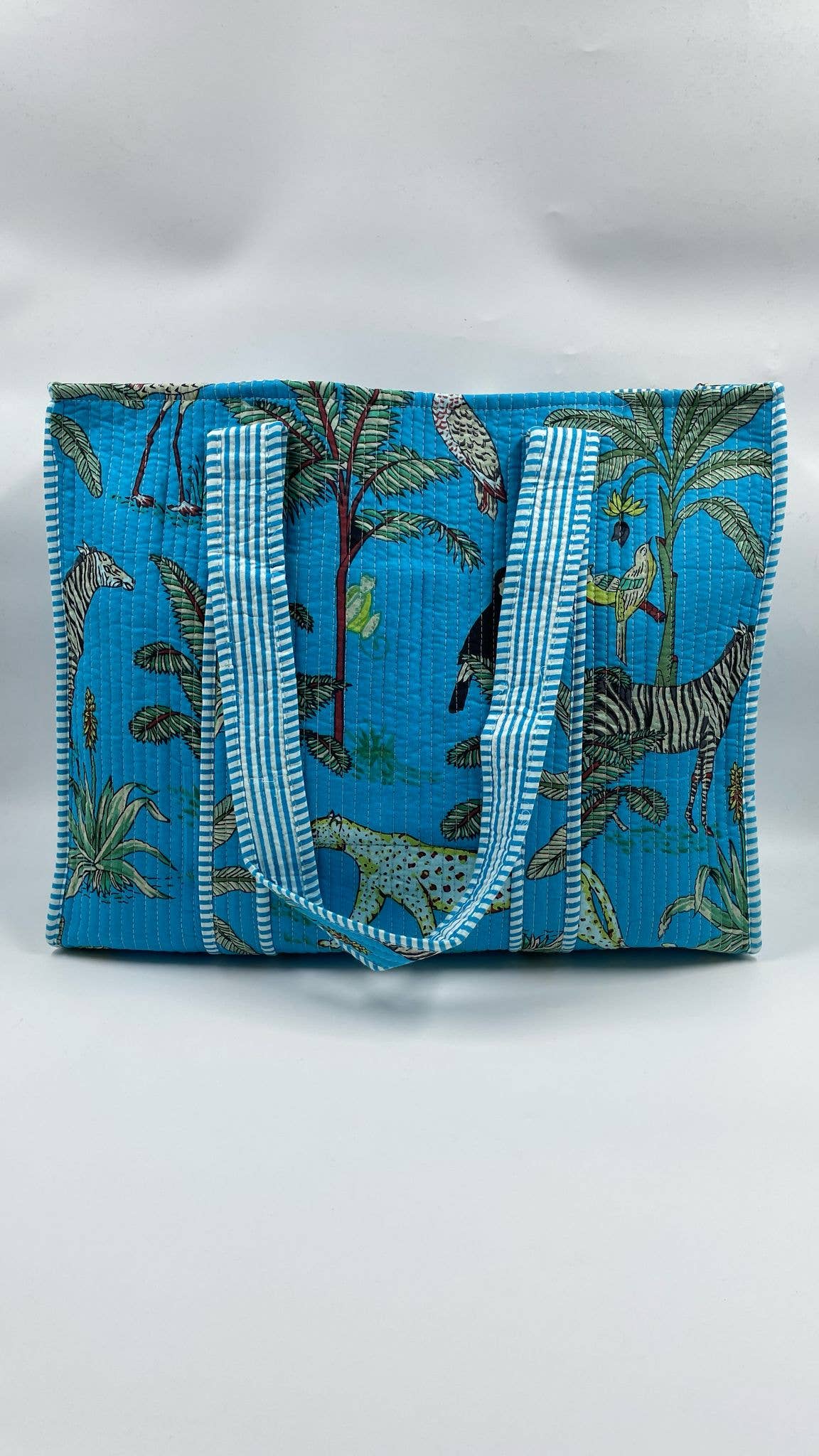 Aqua, Jungle Design Kantha Quilted Tote Bag