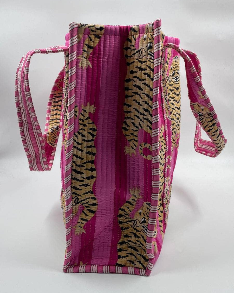 Pink Tiger Cotton Kantha Tote Bag