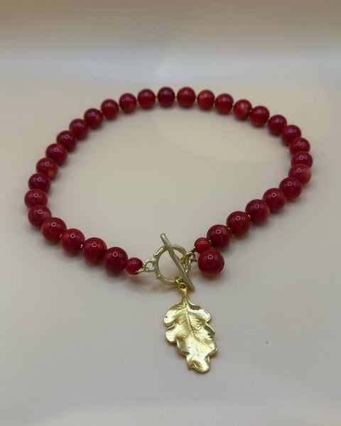 Red Sponge Coral Necklace With Gold Oak Leaf