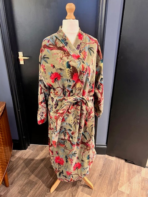 Green Velvet Tropical Birds Robe