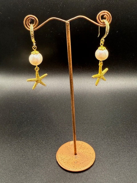 Freshwater Pearl & Gold Star Fish Drop Earrings