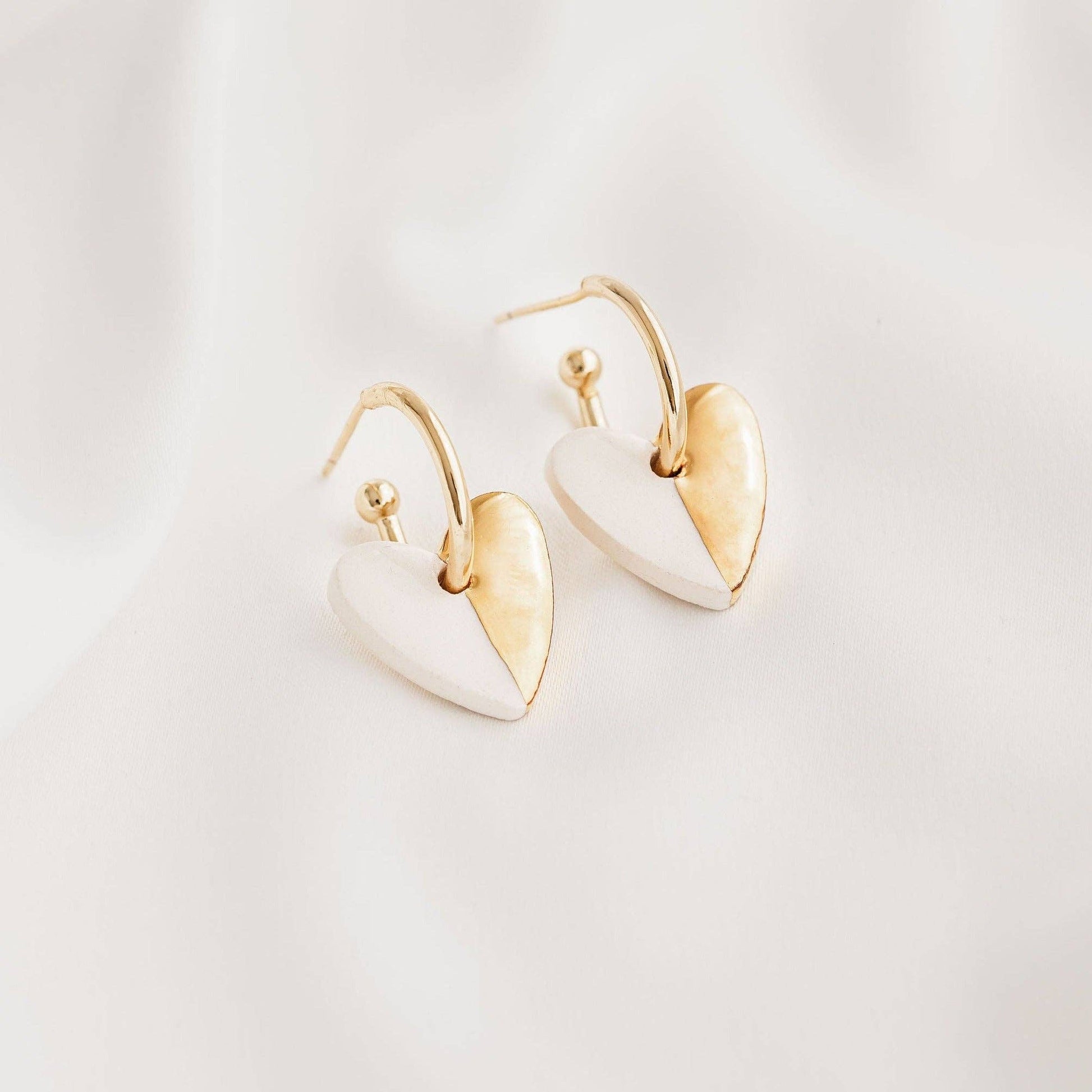 White Mini Ceramic Heart Charm With Huggie Hoops: Gold