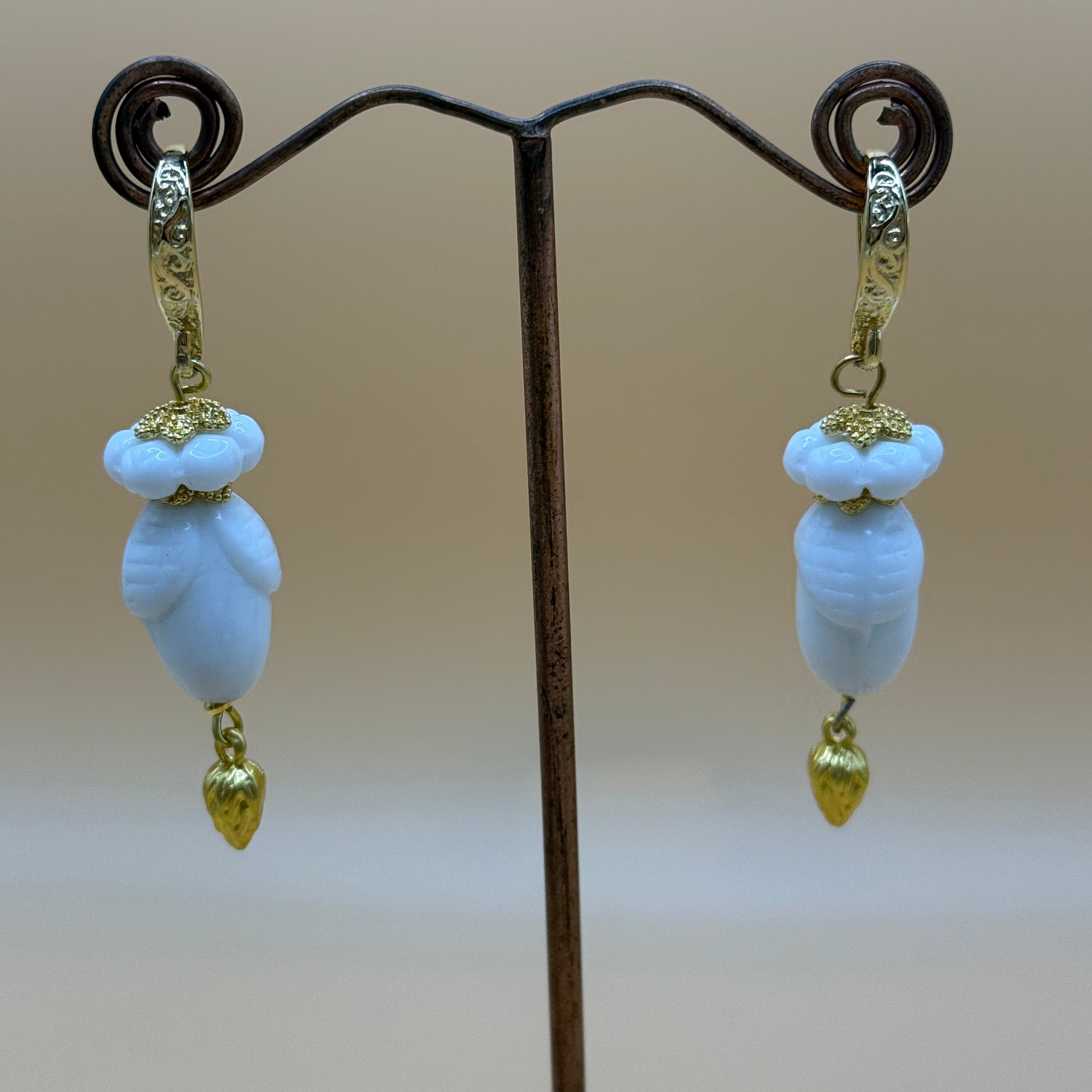 White ceramic botanical bead drop earrings with gold