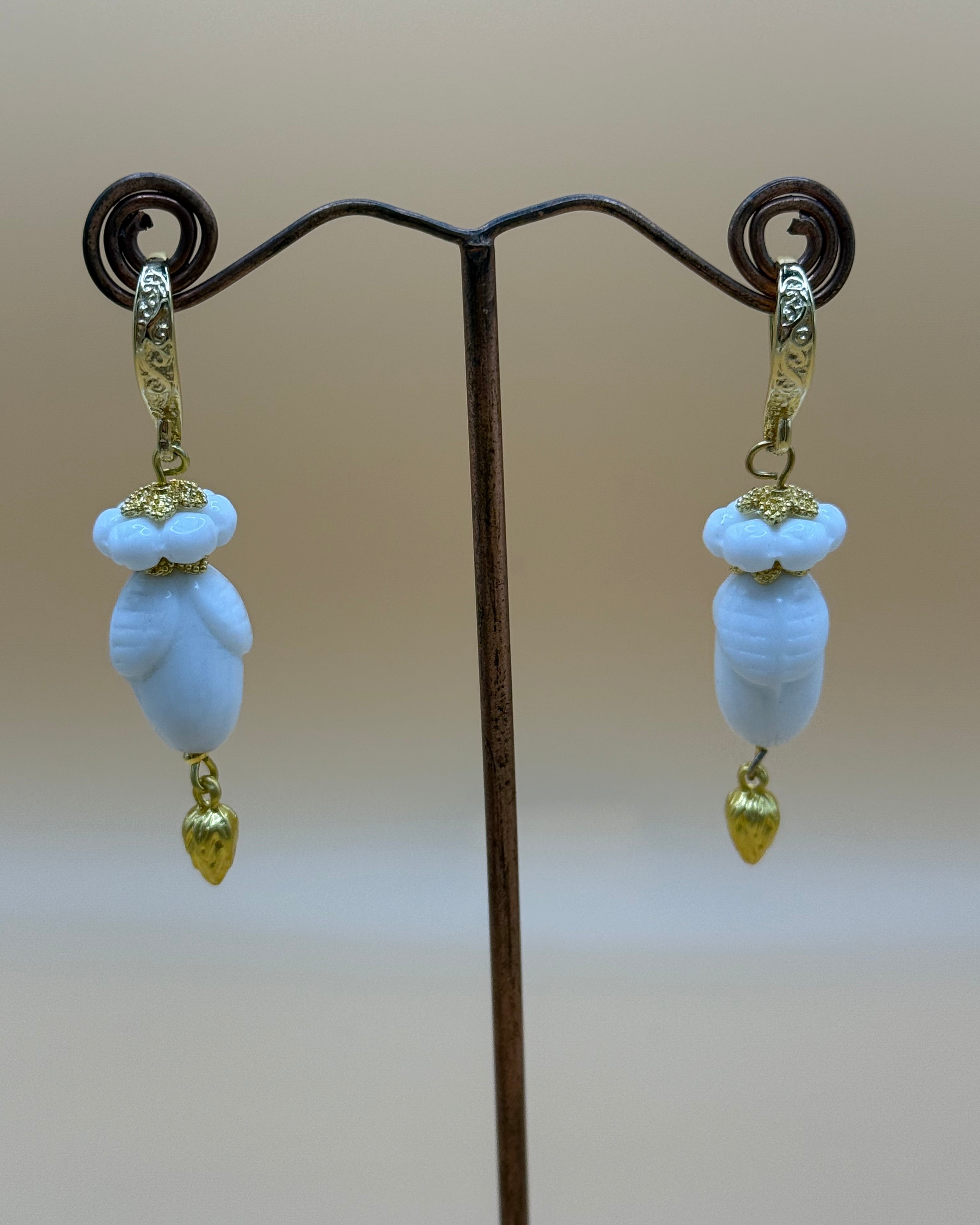 White ceramic botanical bead drop earrings with gold
