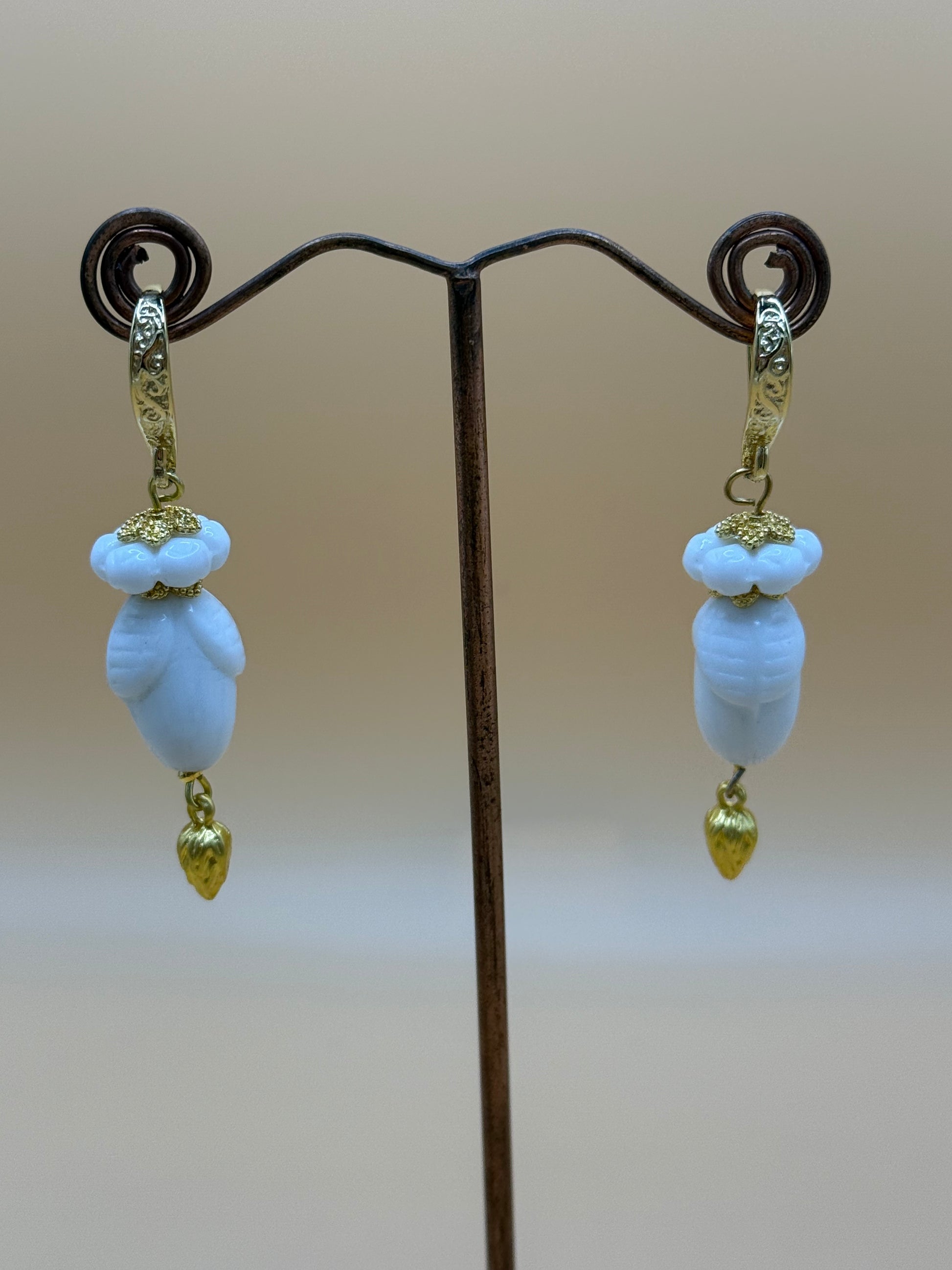 White ceramic botanical bead drop earrings with gold