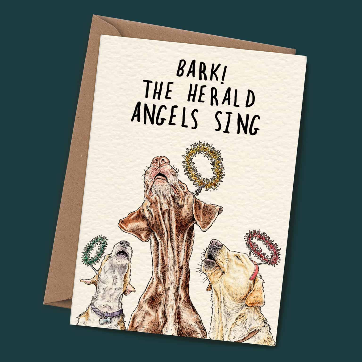 Greeting card with dogs and text 'Bark! The Herald Angels Sing' on a dark green background