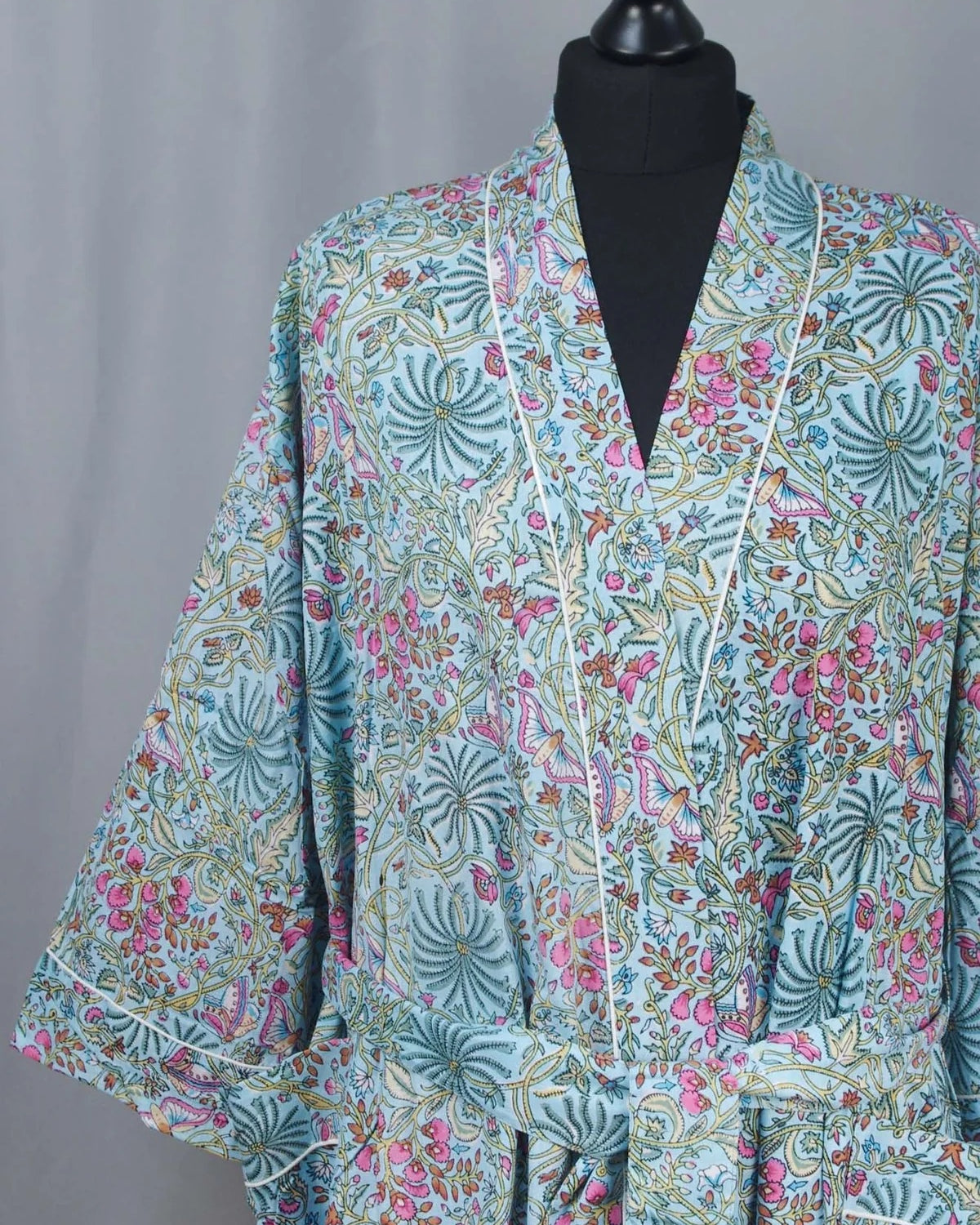 Cotton Kimono Dressing Gown Robe -Turquoise  Palm Tree