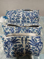 Set of three blue and white floral-patterned bags on a gray surface
