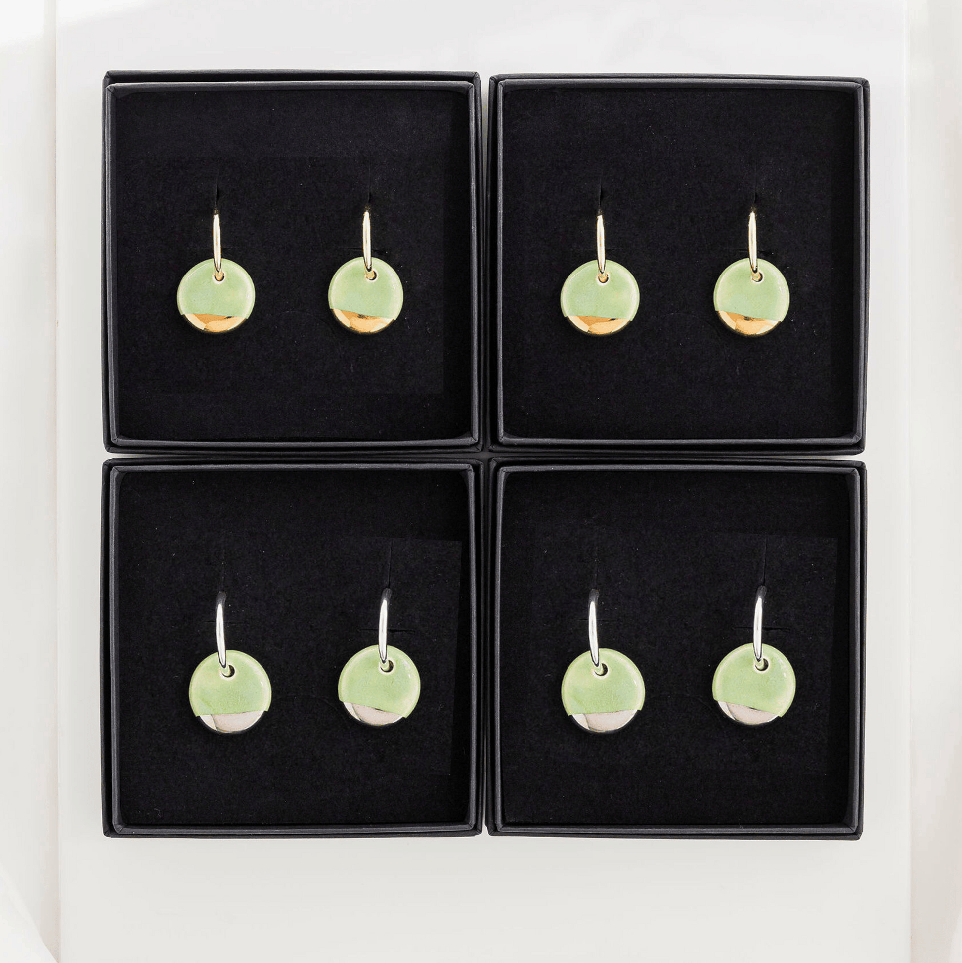 Light Green Mini Ceramic Circle Charm With Huggie Hoops: Gold