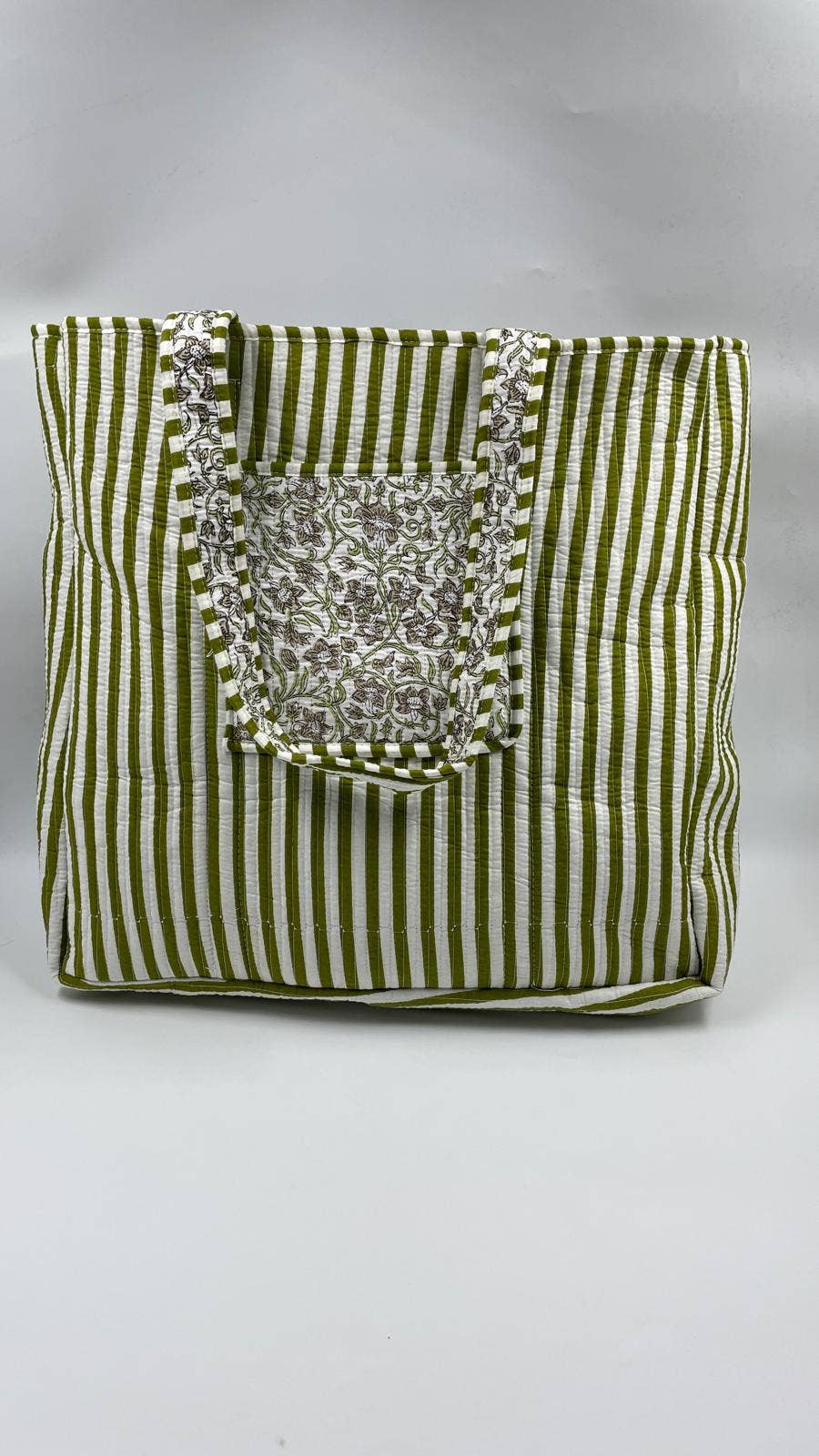 Green Botanical Cotton Quilted Tote Bag