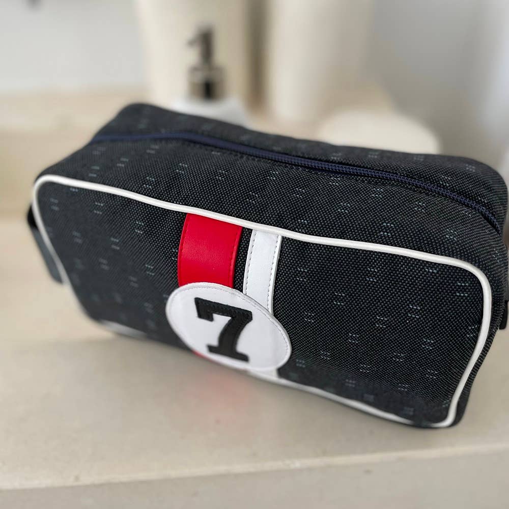 No 7 Man sustainable wash bag in canvas and leather red and white