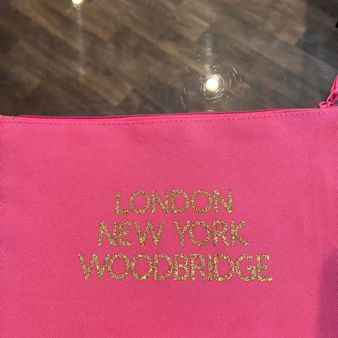 Pink Pouch,  Gold Writing London New York Woodbridge