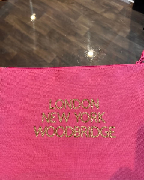 Pink Pouch,  Gold Writing London New York Woodbridge