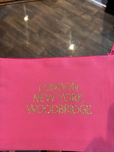 Pink Pouch,  Gold Writing London New York Woodbridge