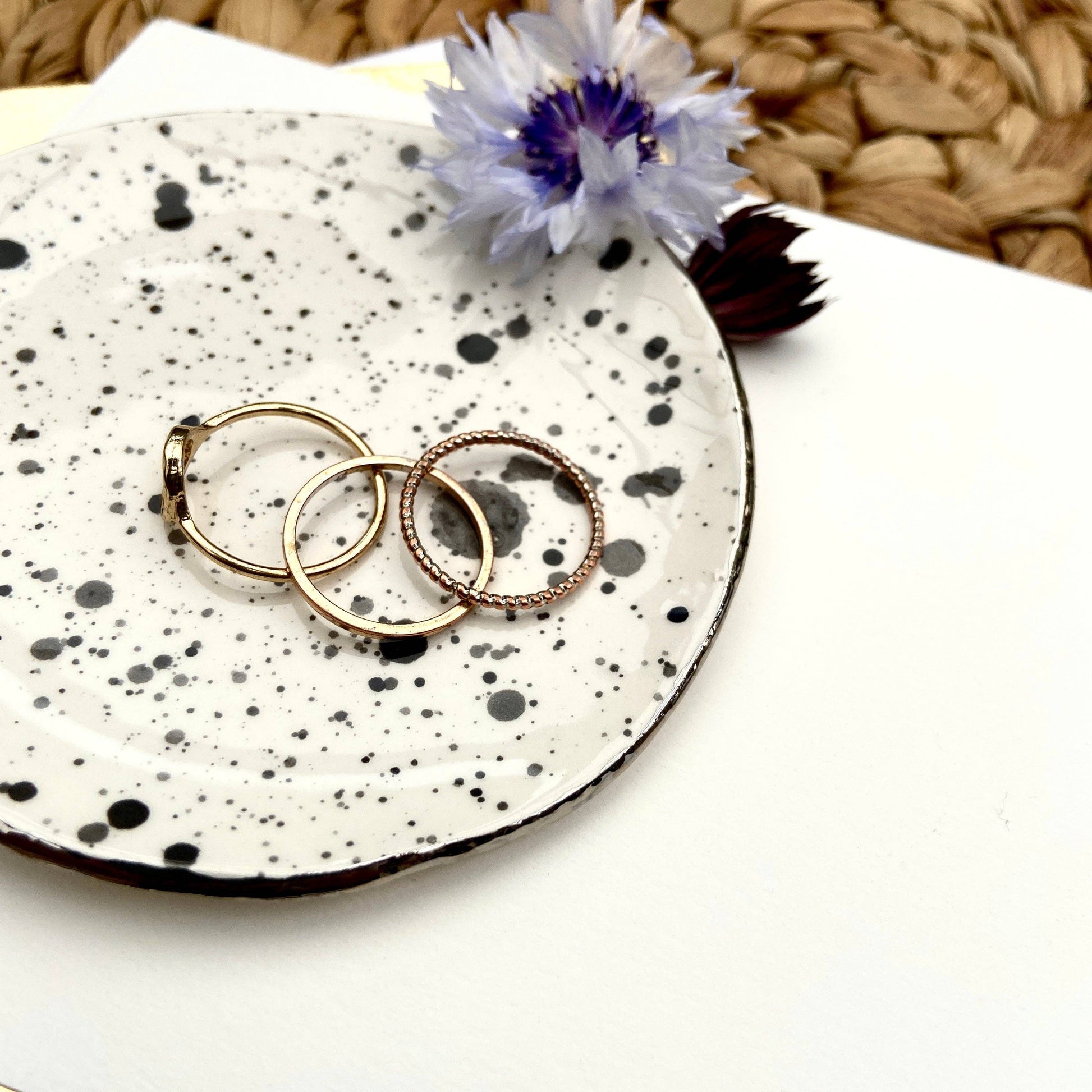 Black and White Spotty Ceramic Trinket Dish: Gold