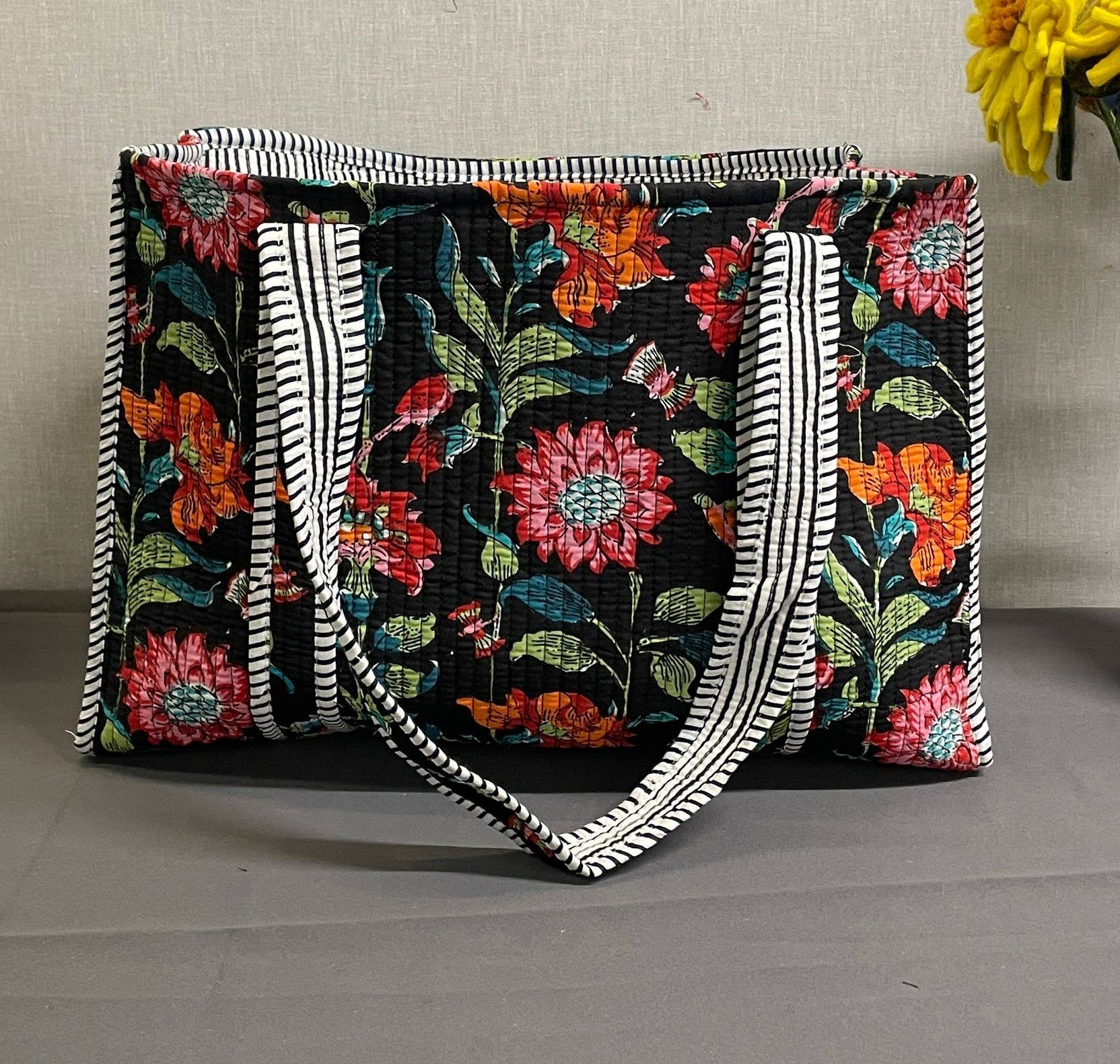 Black Floral Kantha Quilted Tote Bag
