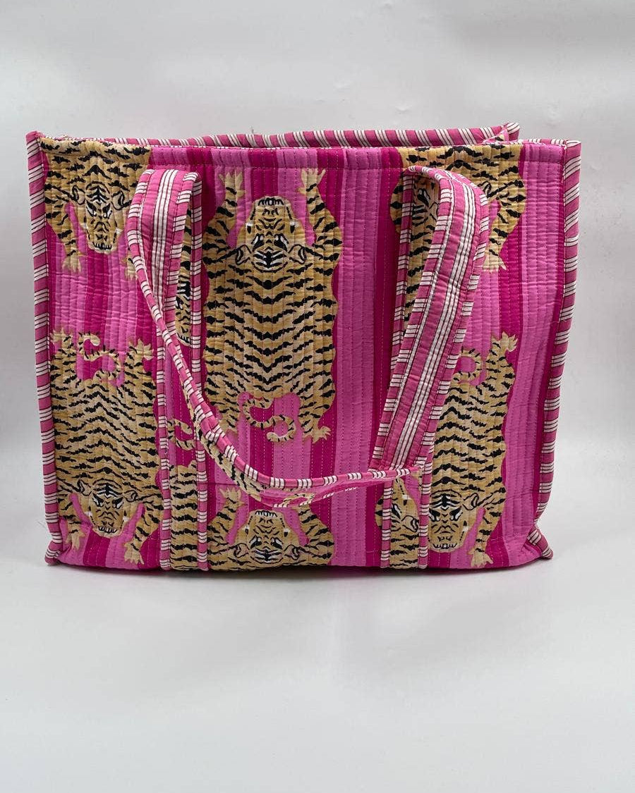 Pink Tiger Cotton Kantha Tote Bag