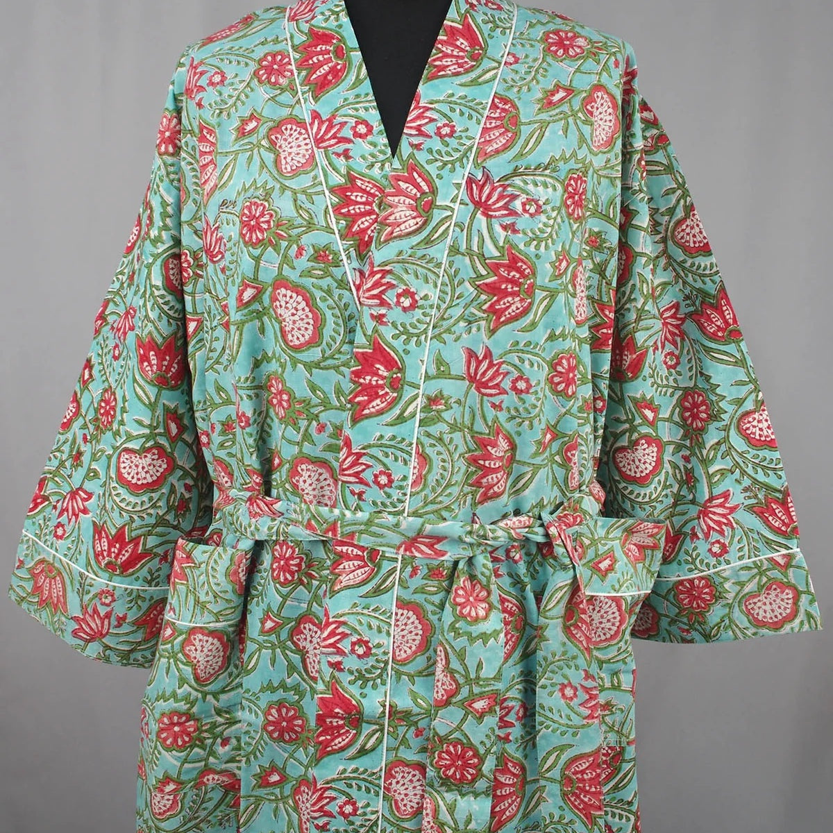 Cotton Kimono - Red Flowers On Teal