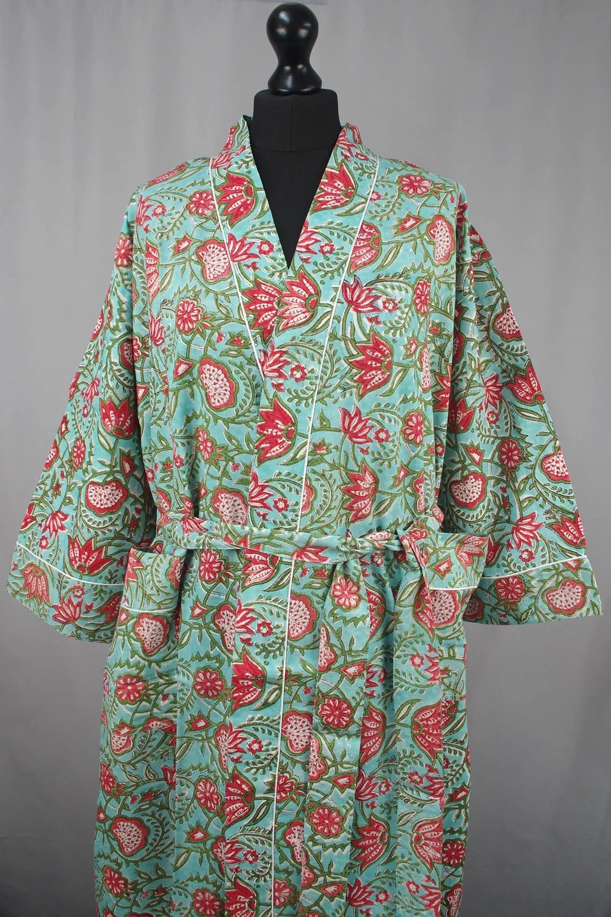 Cotton Kimono - Red Flowers On Teal