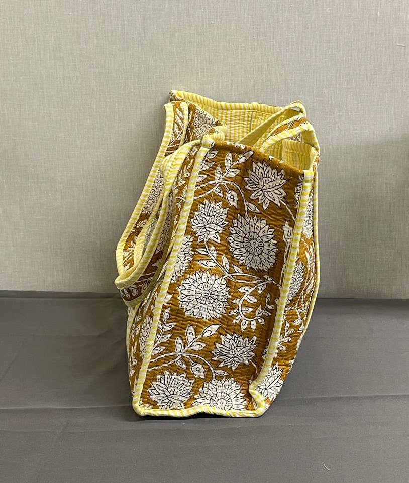 Yellow Chrysanthamum Cotton Kantha Quilted  Tote Bag