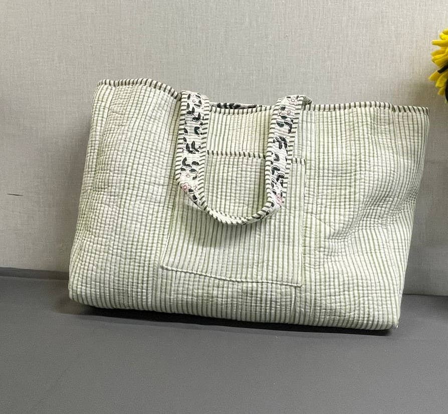 White Botanical Kantha Quilted  Tote Bag