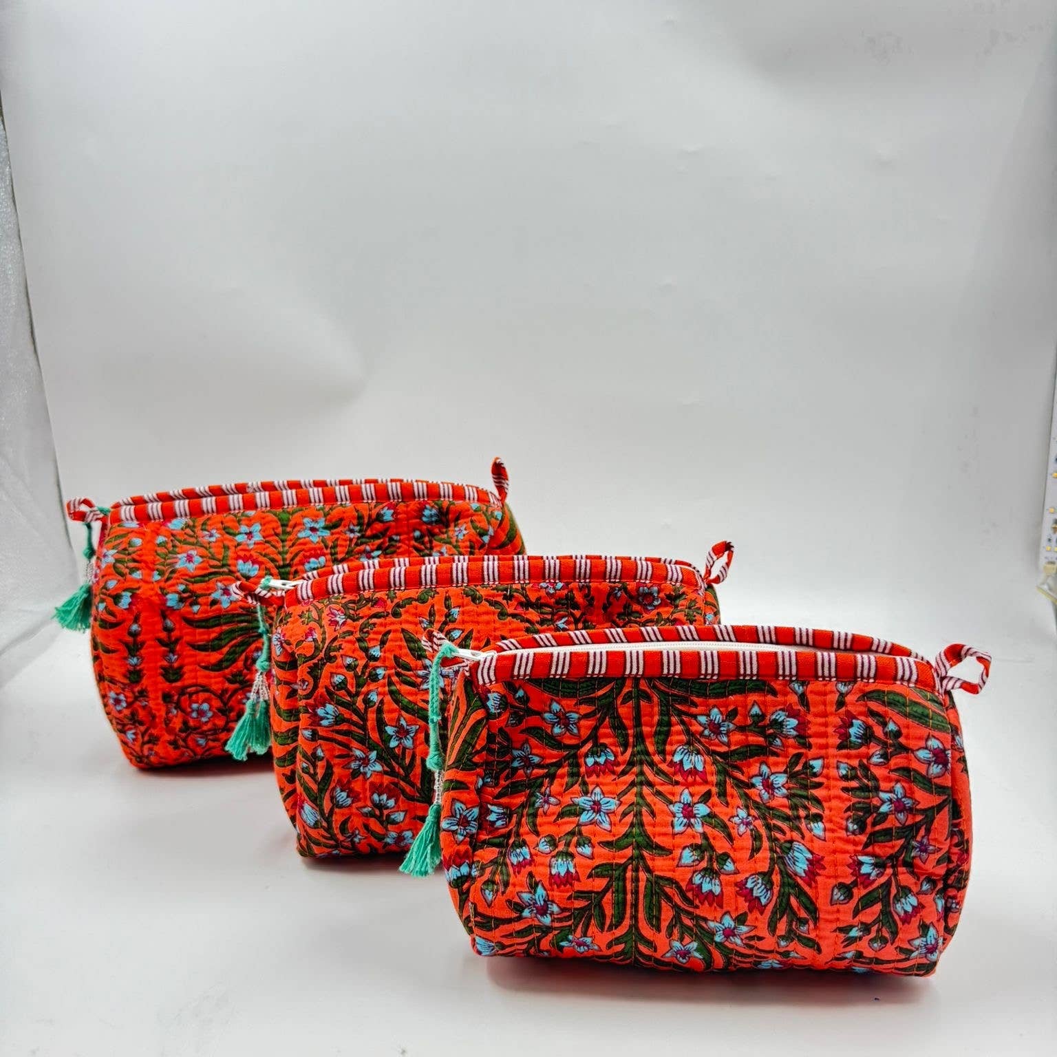 Orange cotton  quilted wash bag. Set of three -  small, medium,  large