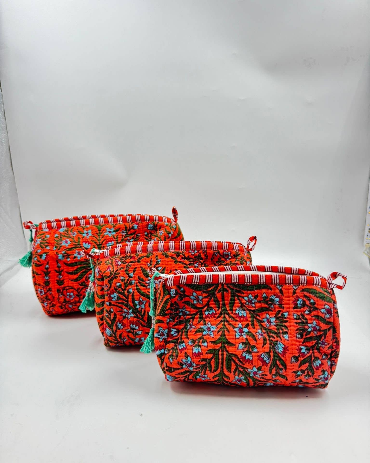 Orange cotton  quilted wash bag. Set of three -  small, medium,  large