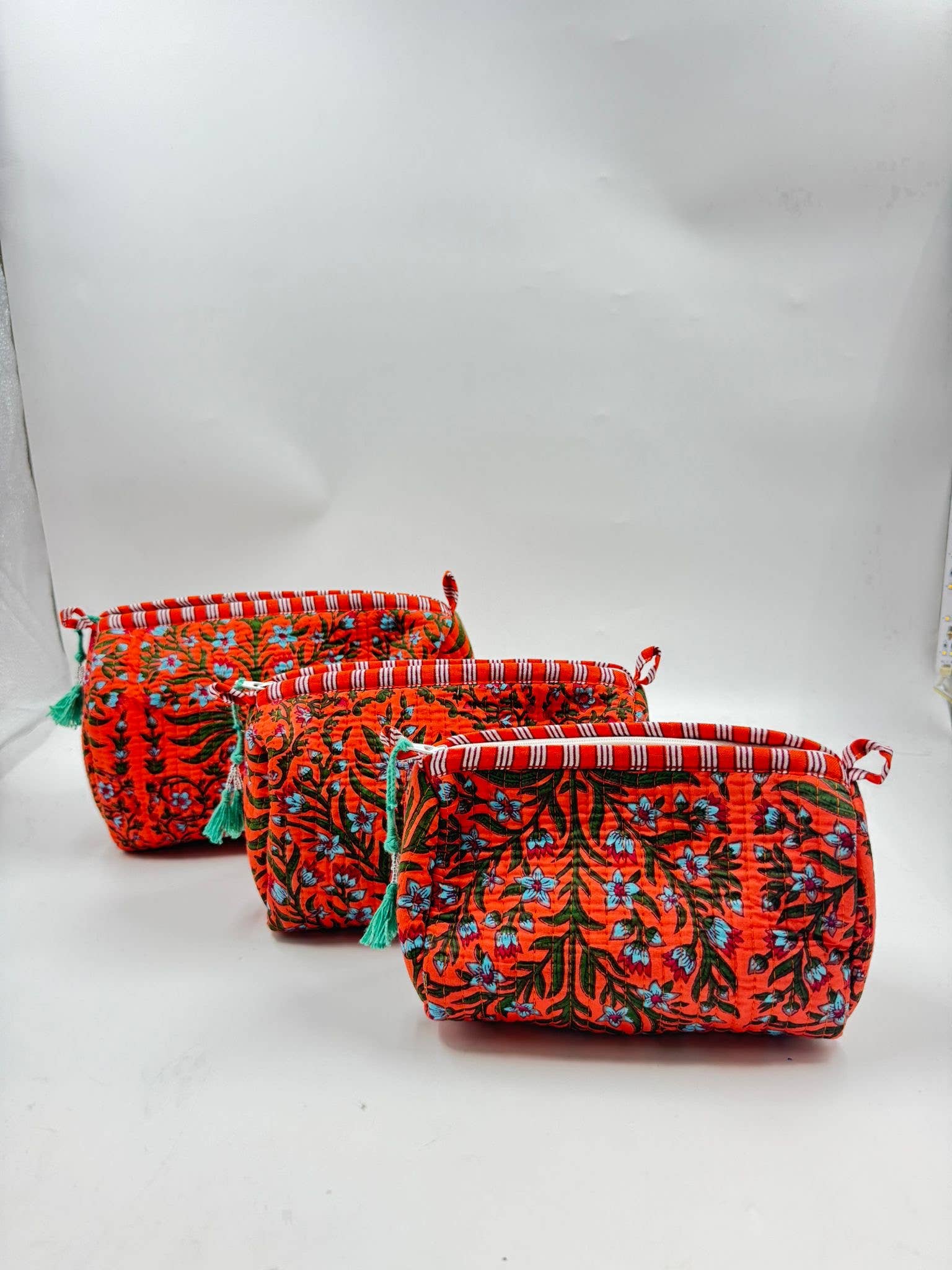 Orange cotton  quilted wash bag. Set of three -  small, medium,  large