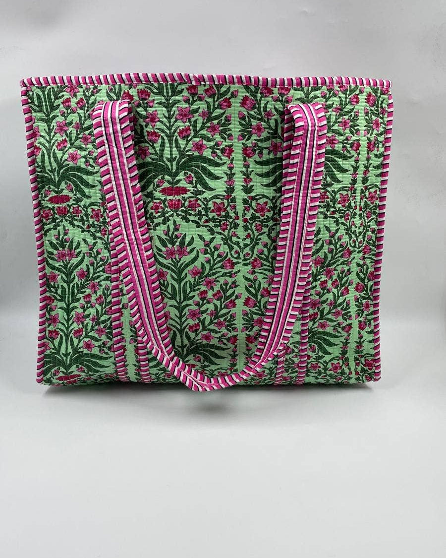 Green & Pink  Cotton Kantha QuiltedTote Bag