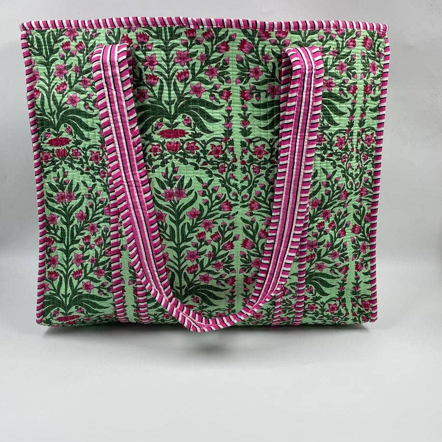 Green & Pink  Cotton Kantha QuiltedTote Bag