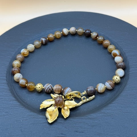Brown Agate Necklace with gold vine leaf
