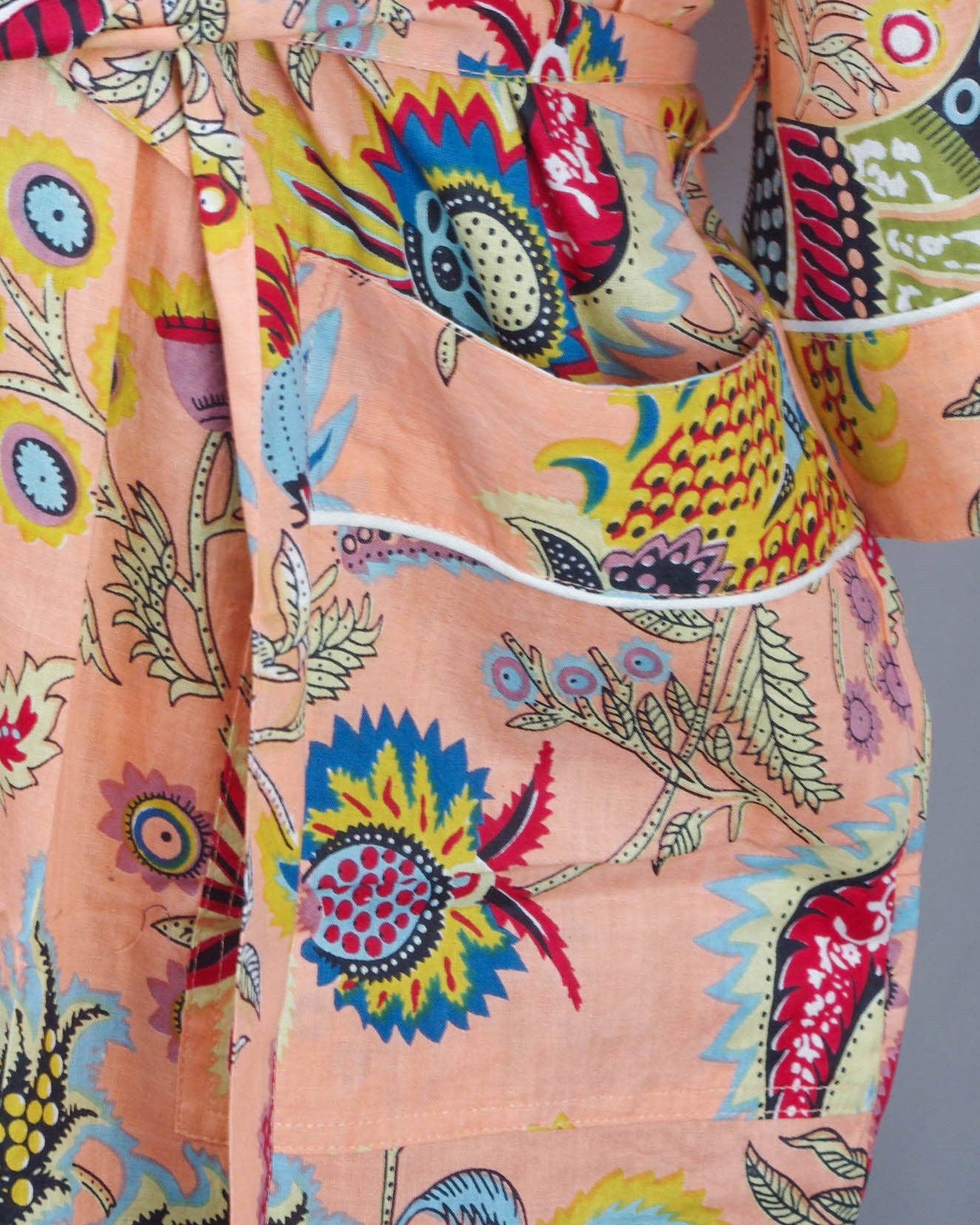 Cotton Kimono Dressing Gown Robe -Peach Mukut Print