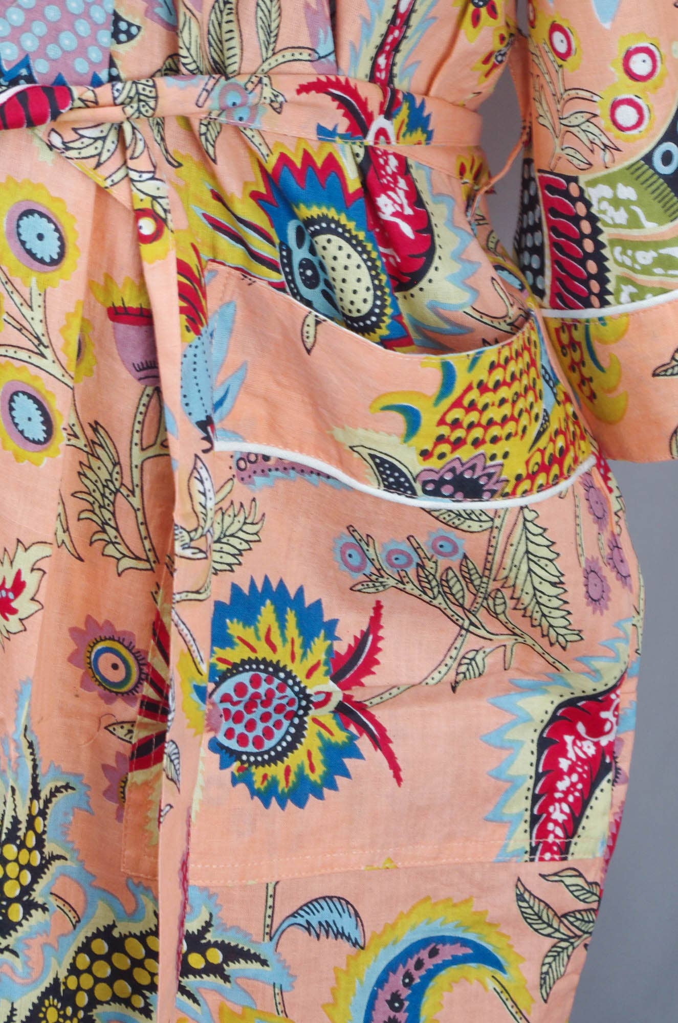 Cotton Kimono Dressing Gown Robe -Peach Mukut Print