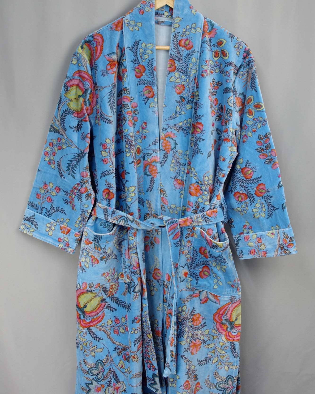 Velvet Kimono With Lining Gown - Blue Floral