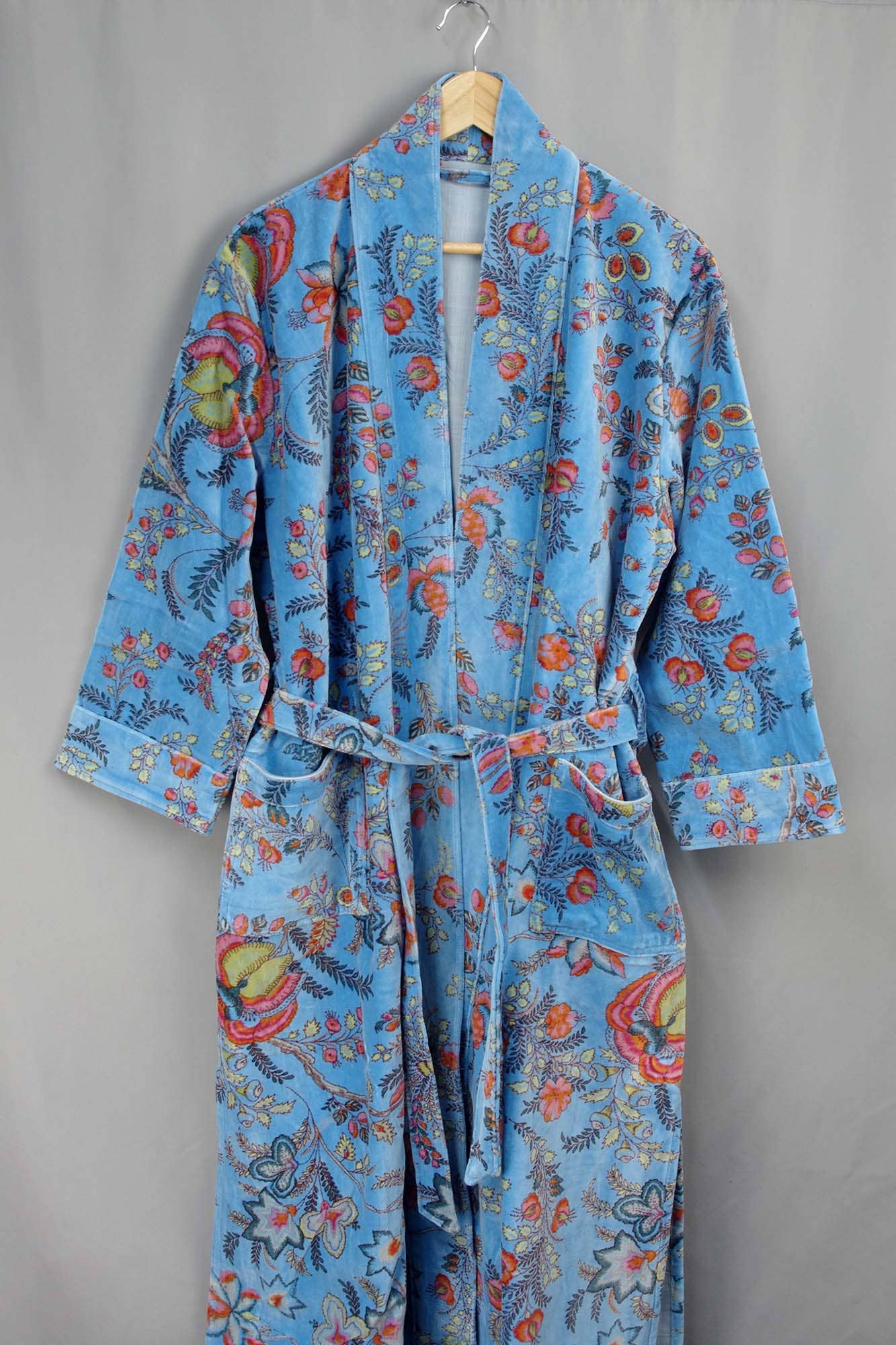 Velvet Kimono With Lining Gown - Blue Floral