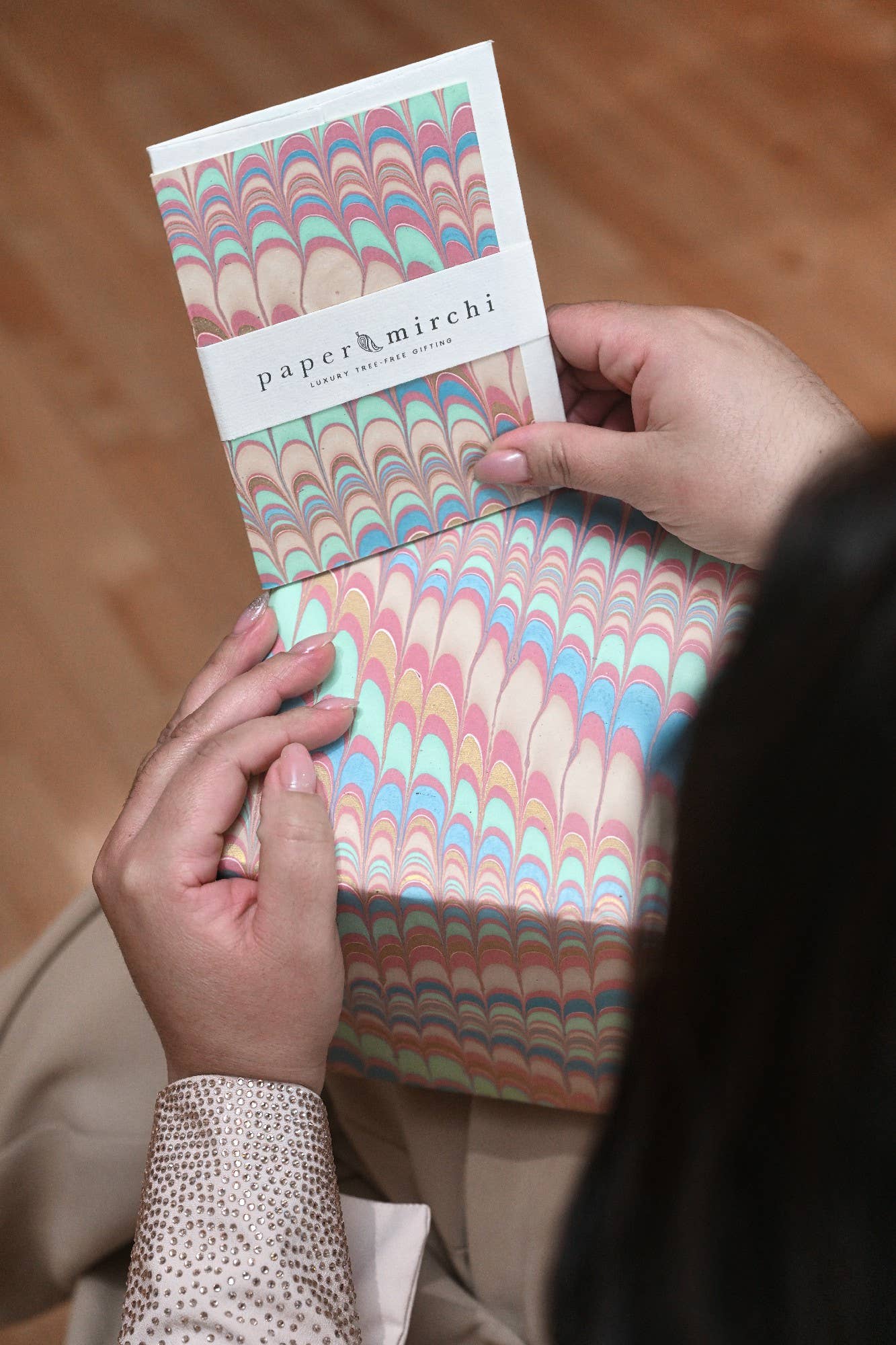 Hand Marbled Wrapping Paper Sheets - Scallops Mint Rose