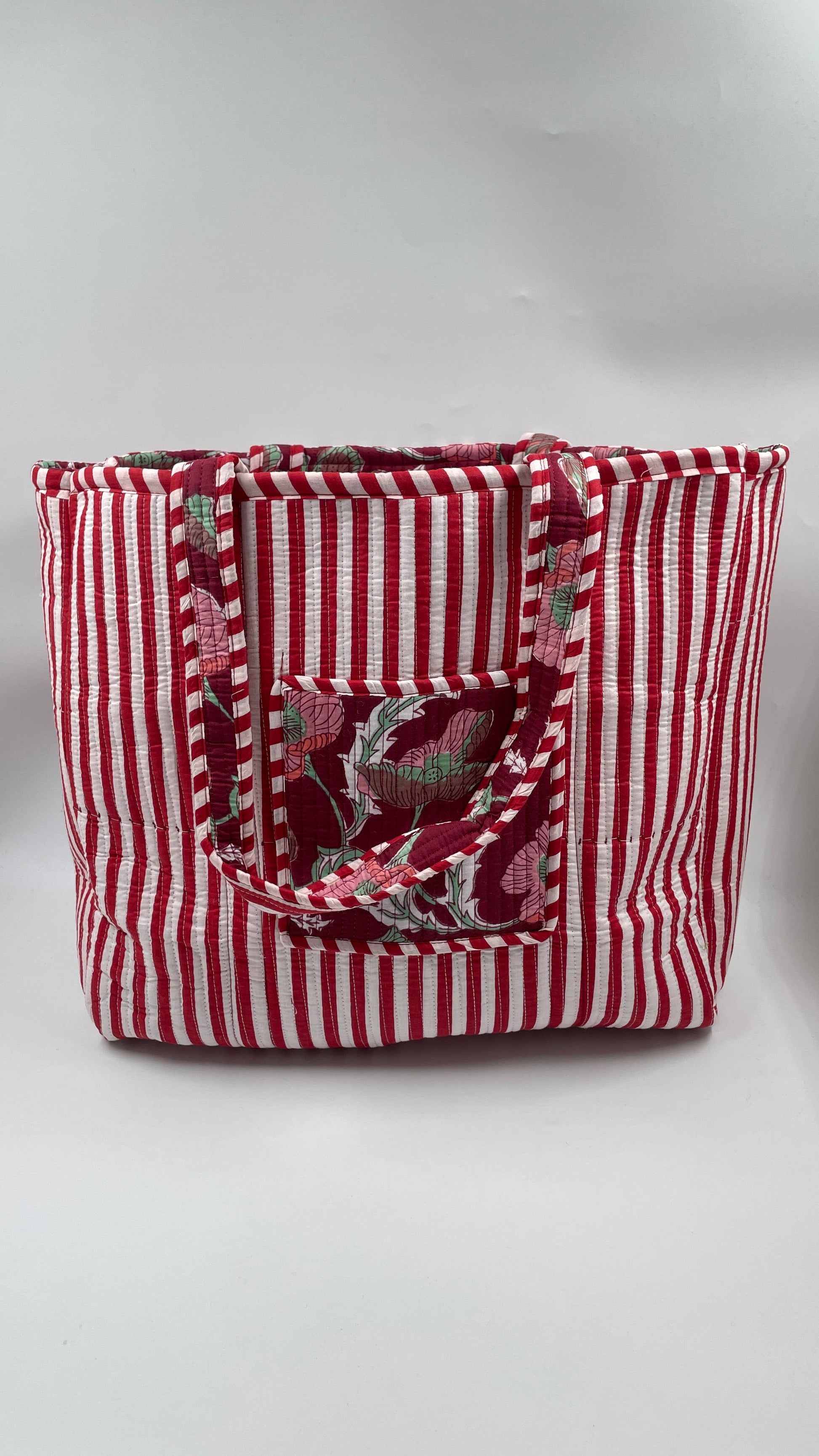 Burgundy Floral Cotton Quilted Tote Bag