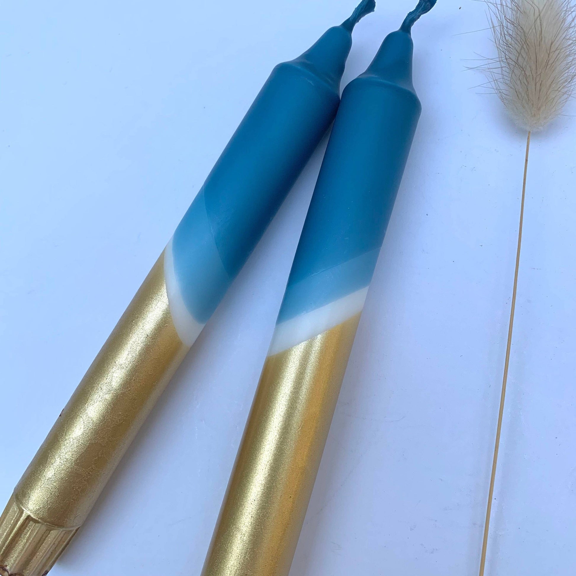 Teal Blue & Gold Dip Dyed Dinner Candles