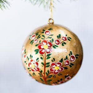 3" Gold With Red Flower Hanging Christmas Ornament