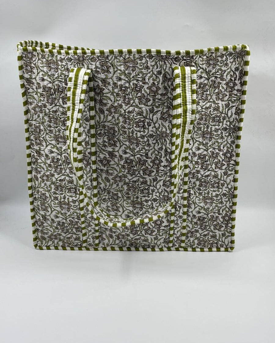 Green Botanical Cotton Quilted Tote Bag