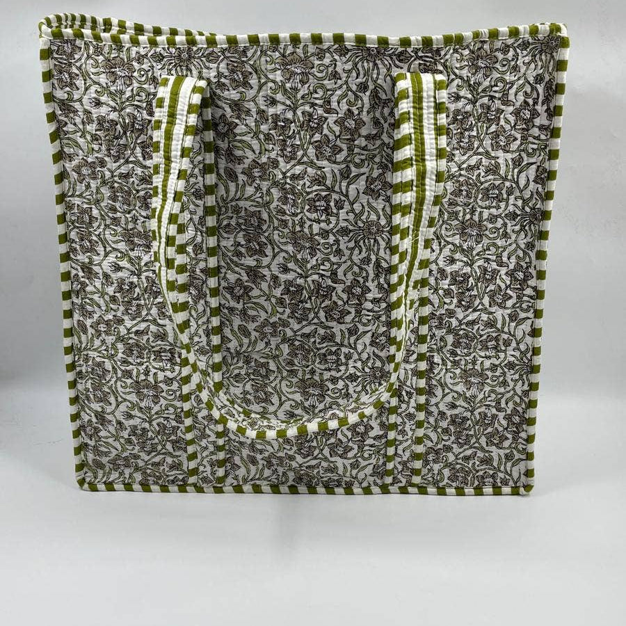 Green Botanical Cotton Quilted Tote Bag