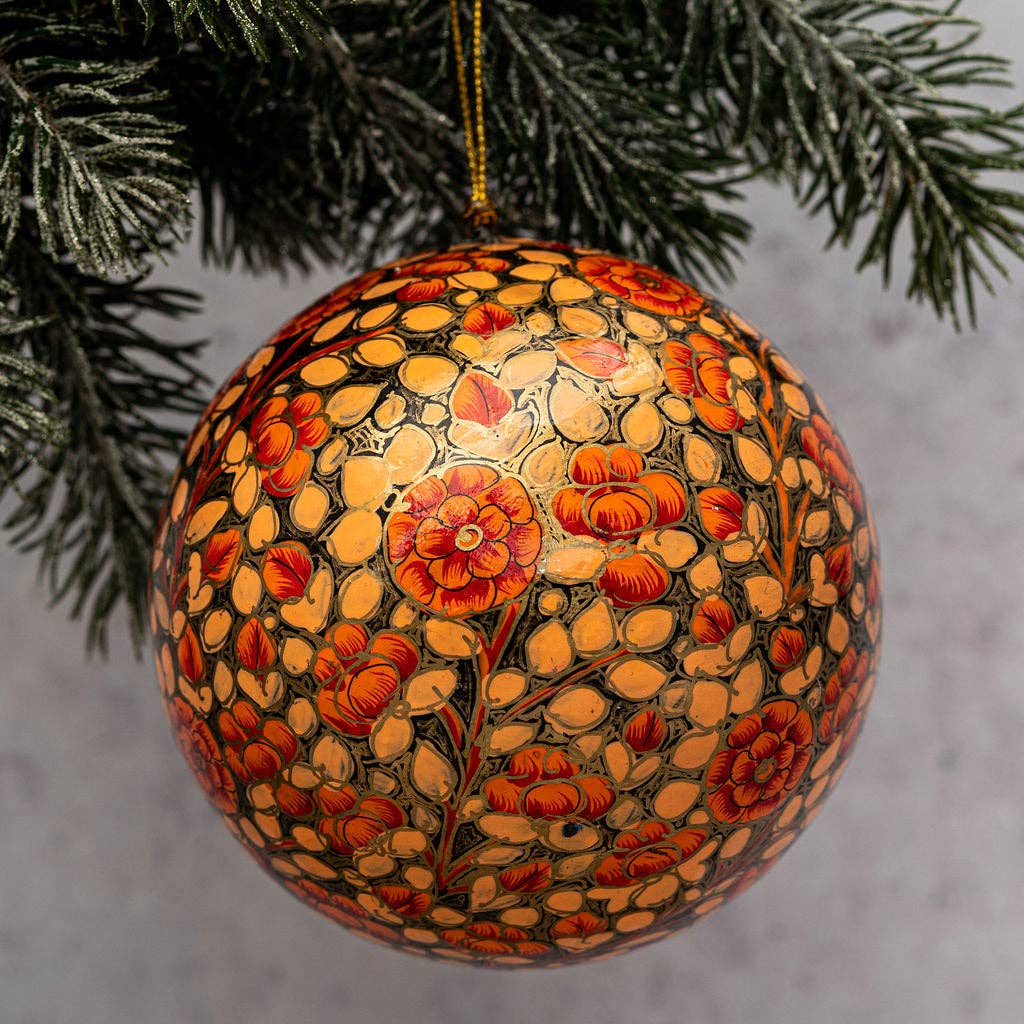 3" Peach Russian Floral Paper Mache Bauble