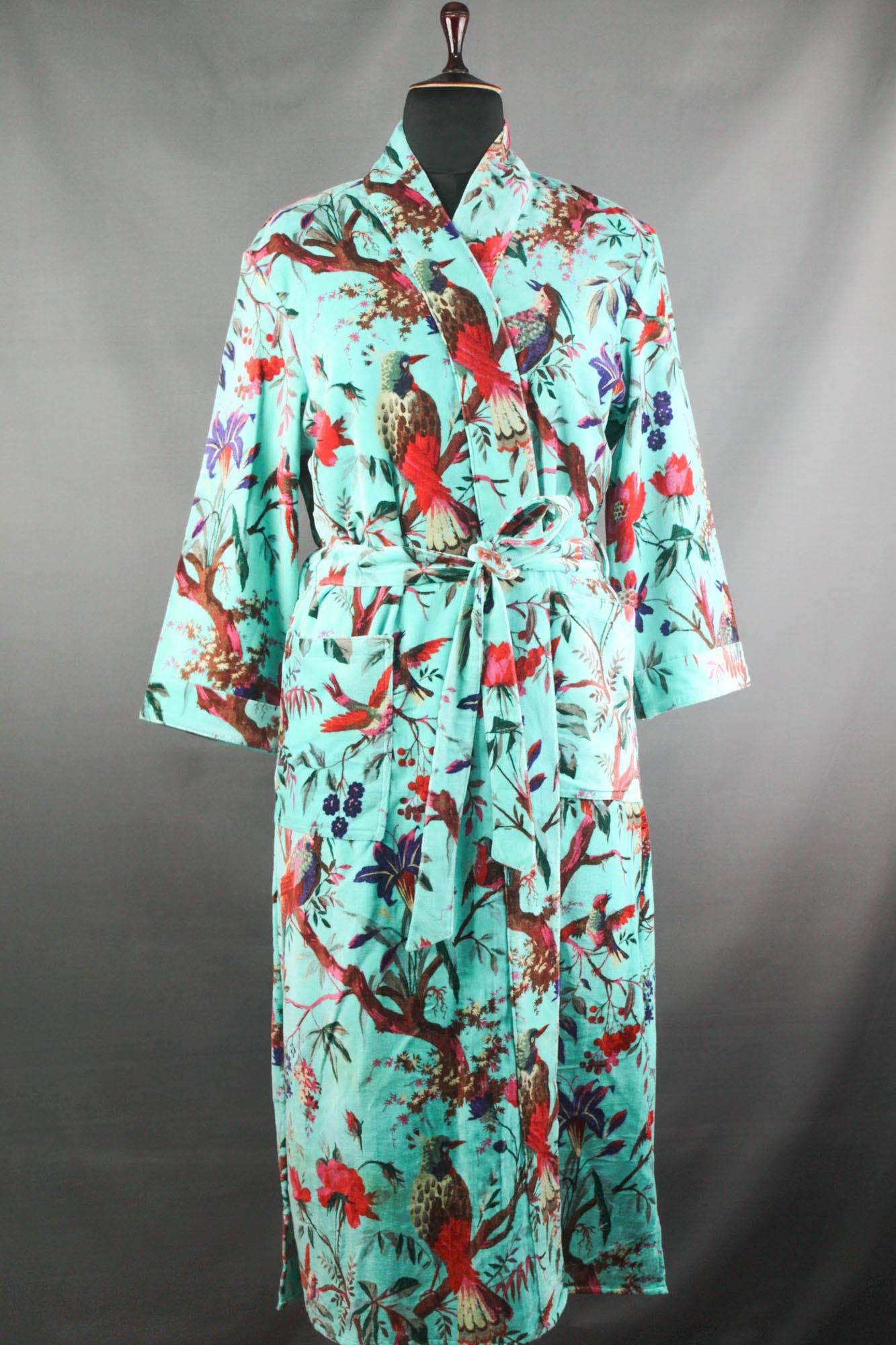 Unlined Luxury Cotton Velvet Kimono Robe - Blue Tropical